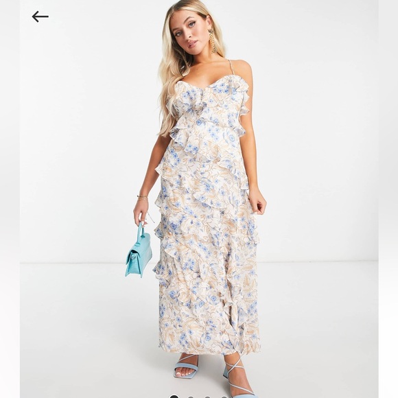 EVER NEW PETITE RUFFLE MIDI DRESS BLUE FLORAL - Picture 1 of 4